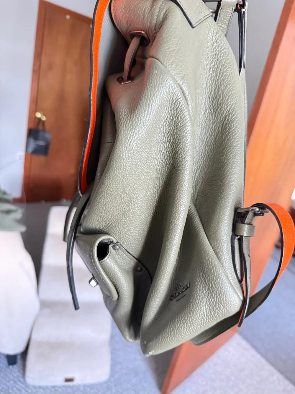 COACH Rucksack Leather Backpack Olive Green with Orange Top Handle